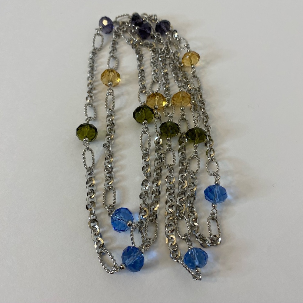 Vintage Long Necklace Faceted Beads Blue Green Purple Amber Silver Tone Flapper